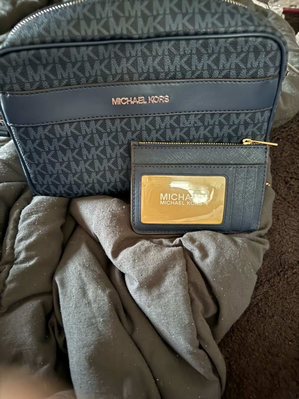 Michael Kors Gray Signature Crossbody with Navy Cardholder
